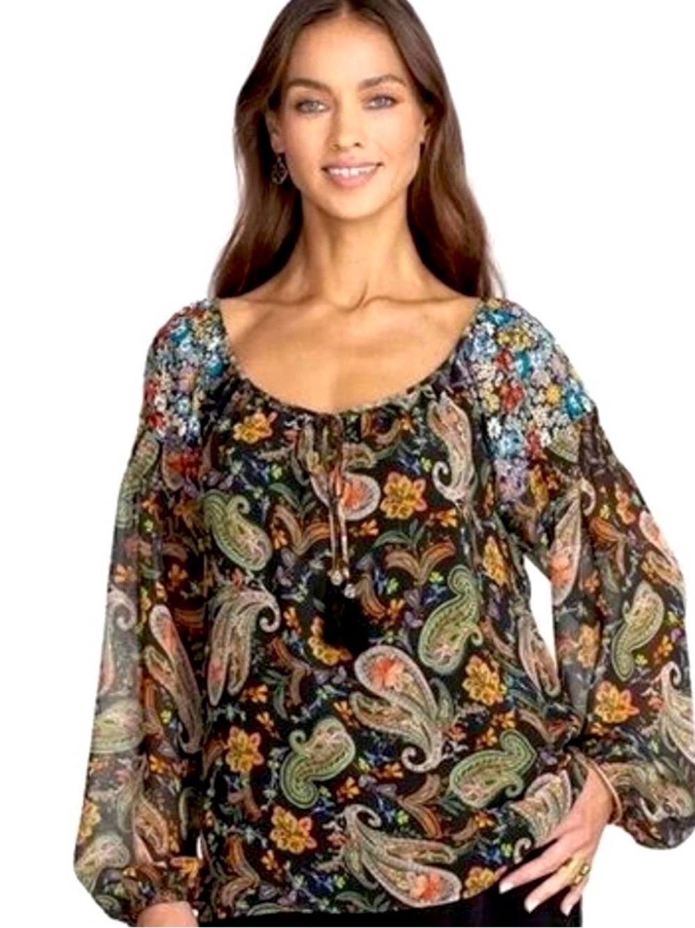Johnny Was Jade Adela Paisley Peasant Blouse Black XL L184217